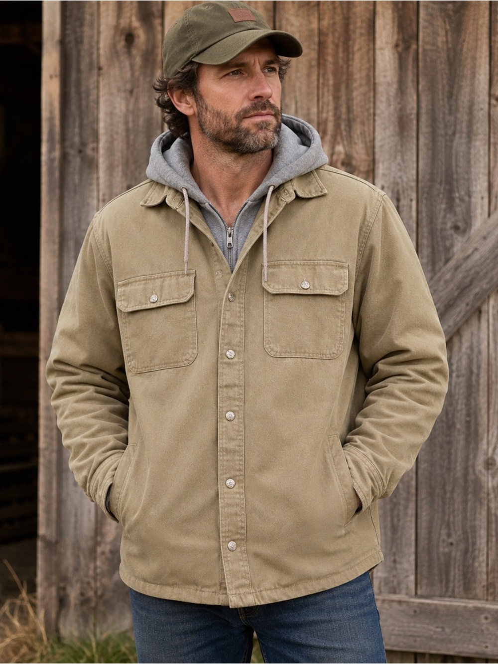 C.E. Schmidt Workwear Men’s LT Tan Canvas Shirt Jacket Fleece Lined Hooded Work